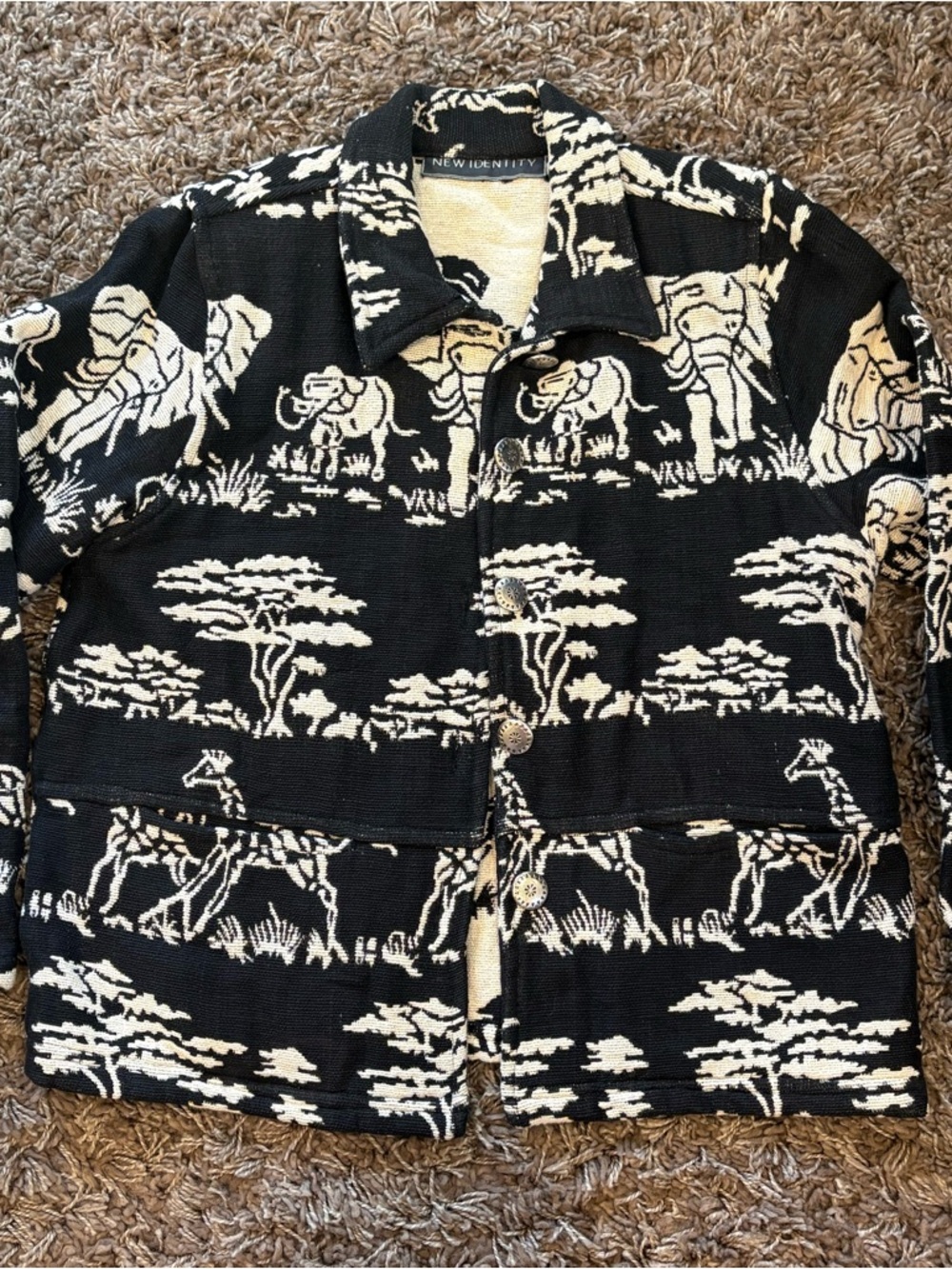 Vintage New Identity Safari Jacket Black Ivory Elephants Giraffes Size Medium